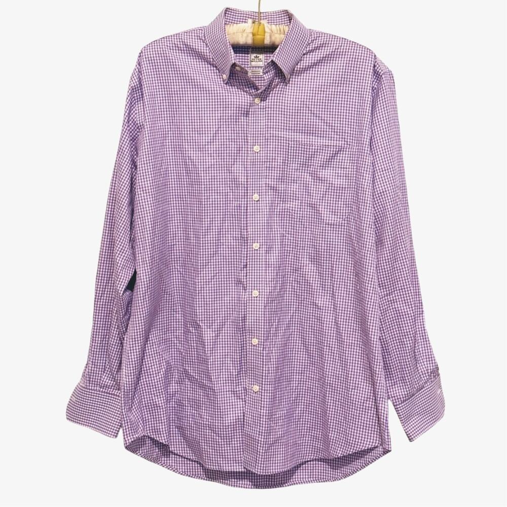 Peter Millar Preppy Gingham Long Sleeve Button Up Shirt Large Purple Classic